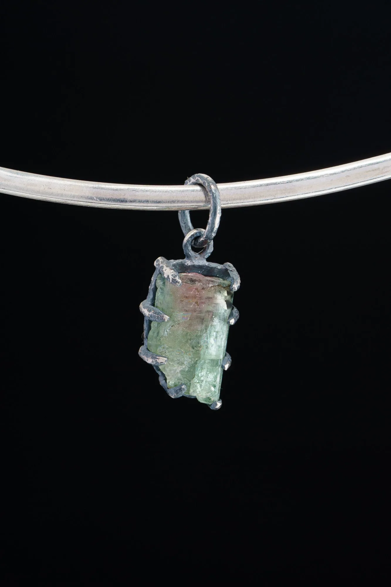 Tiny Mostly Green Watermelon Tourmaline - Oxidised Sterling Silver - Strong Claw Wire Setting  - Hammer Textured - Pendant Crystal Necklace