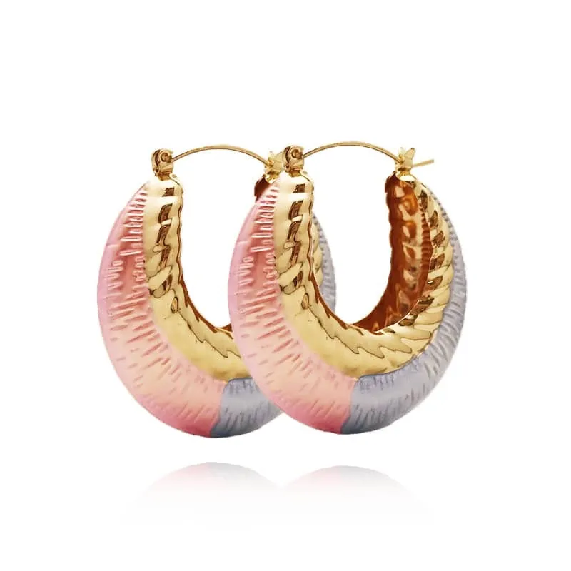 Tricolor Gold Plated Medium Classic Basket Hoop Earrings