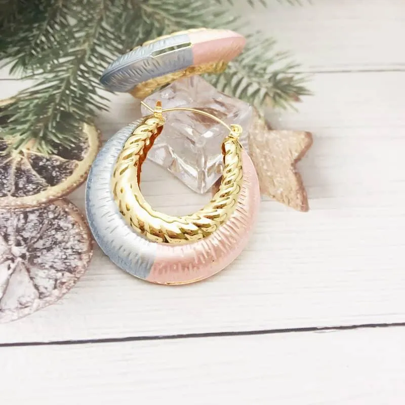 Tricolor Gold Plated Medium Classic Basket Hoop Earrings