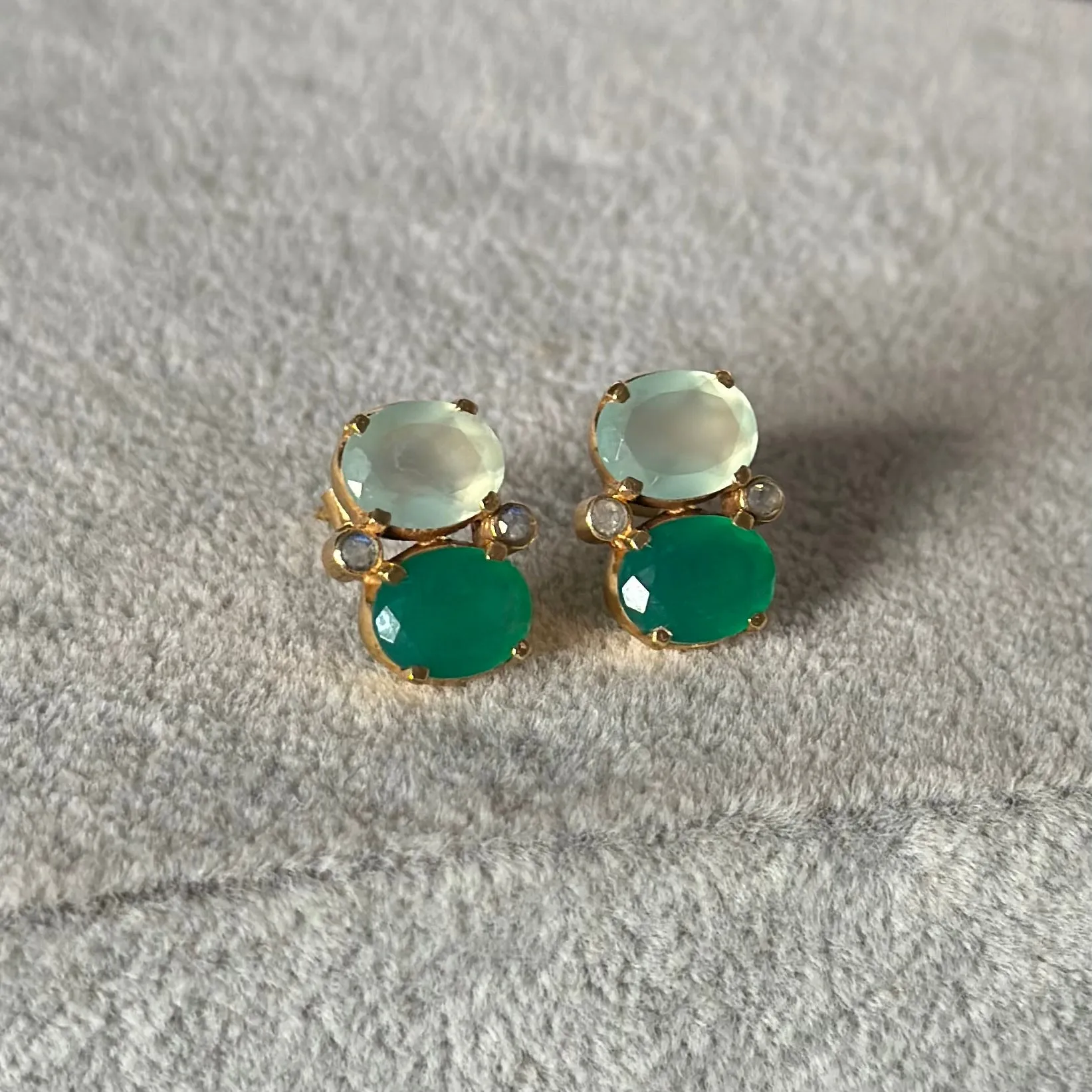 Two Gemstone Studs in Gold Plated Sterling Silver – Aqua Chalcedony and Green Onyx
