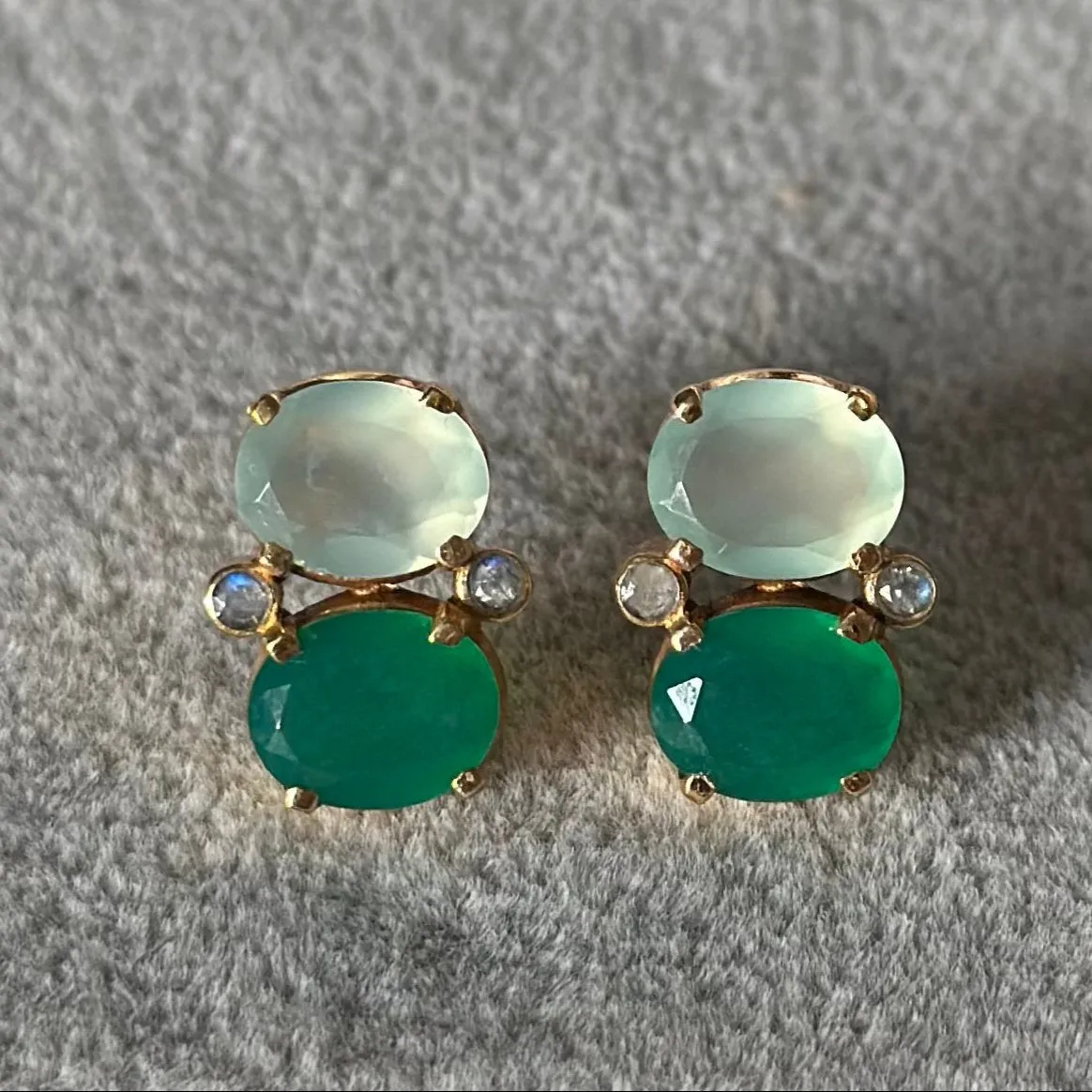 Two Gemstone Studs in Gold Plated Sterling Silver – Aqua Chalcedony and Green Onyx