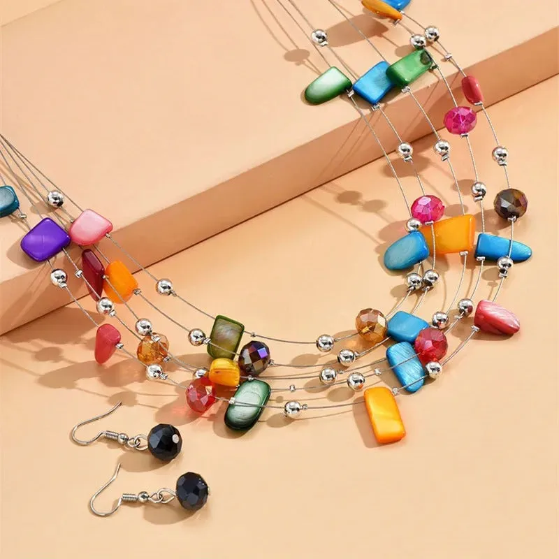 Vibrant Multilayer Beaded Necklace and Earrings Jewelry Sets