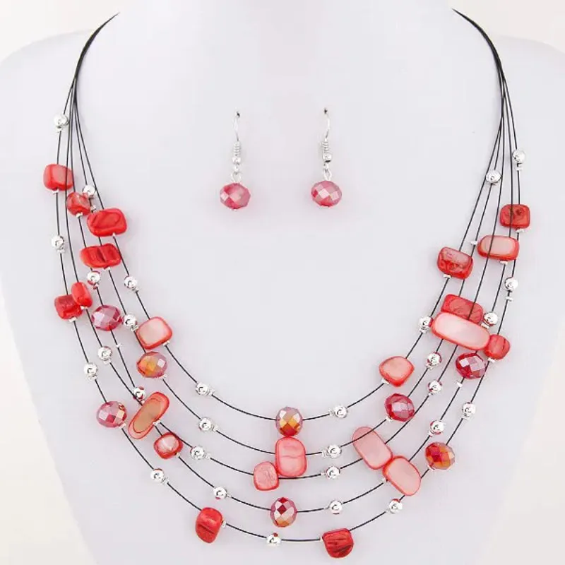 Vibrant Multilayer Beaded Necklace and Earrings Jewelry Sets