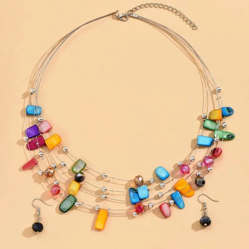 Vibrant Multilayer Beaded Necklace and Earrings Jewelry Sets