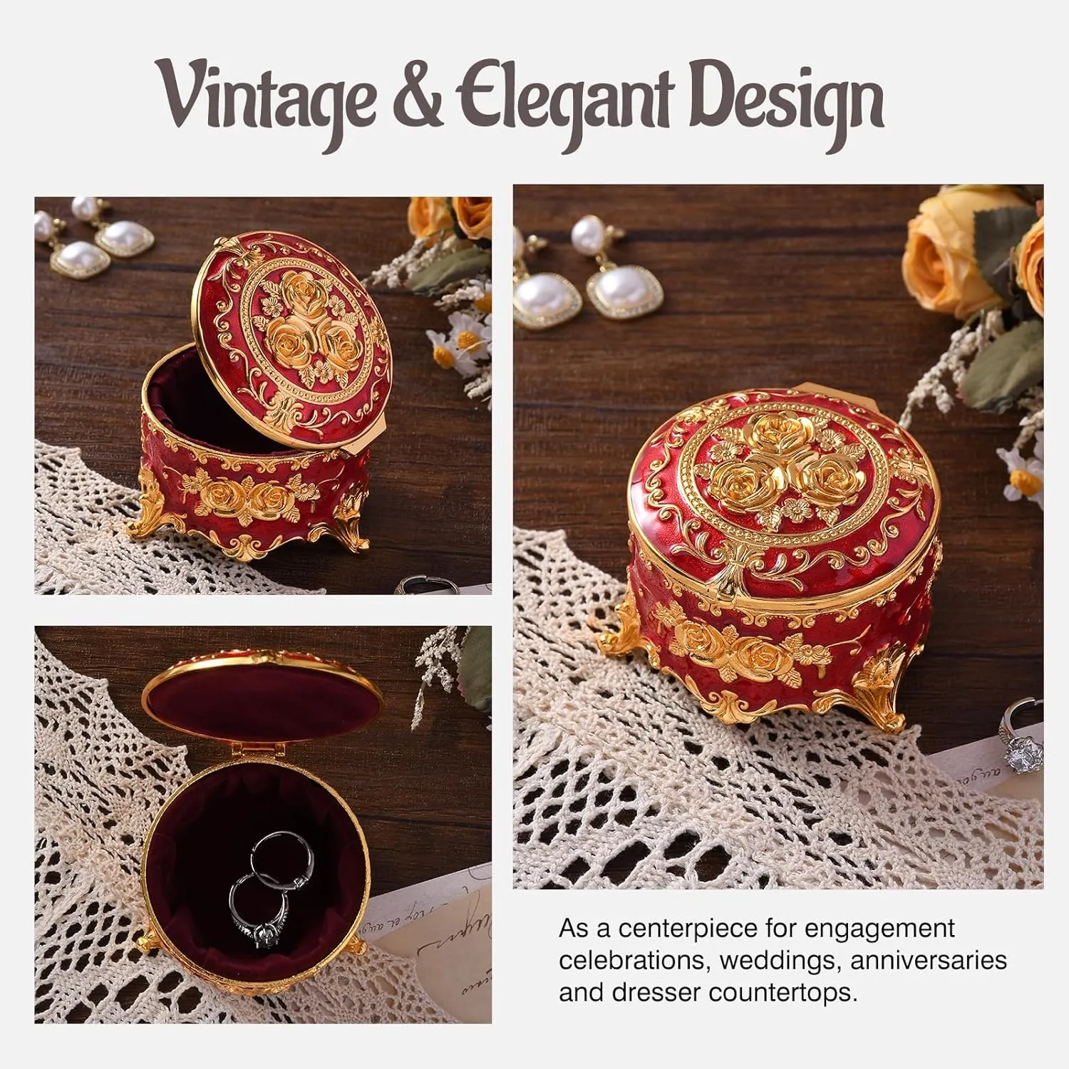 Vintage Jewelry Box, Gold Round Treasure Ring Box, Metal Trinket Organizer Keepsake Box Gift for Girl Women, Red