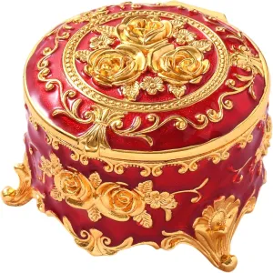 Vintage Jewelry Box, Gold Round Treasure Ring Box, Metal Trinket Organizer Keepsake Box Gift for Girl Women, Red