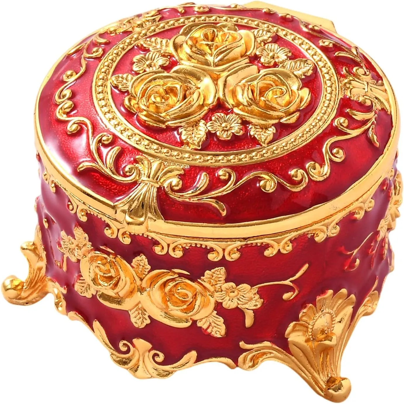 Vintage Jewelry Box, Gold Round Treasure Ring Box, Metal Trinket Organizer Keepsake Box Gift for Girl Women, Red