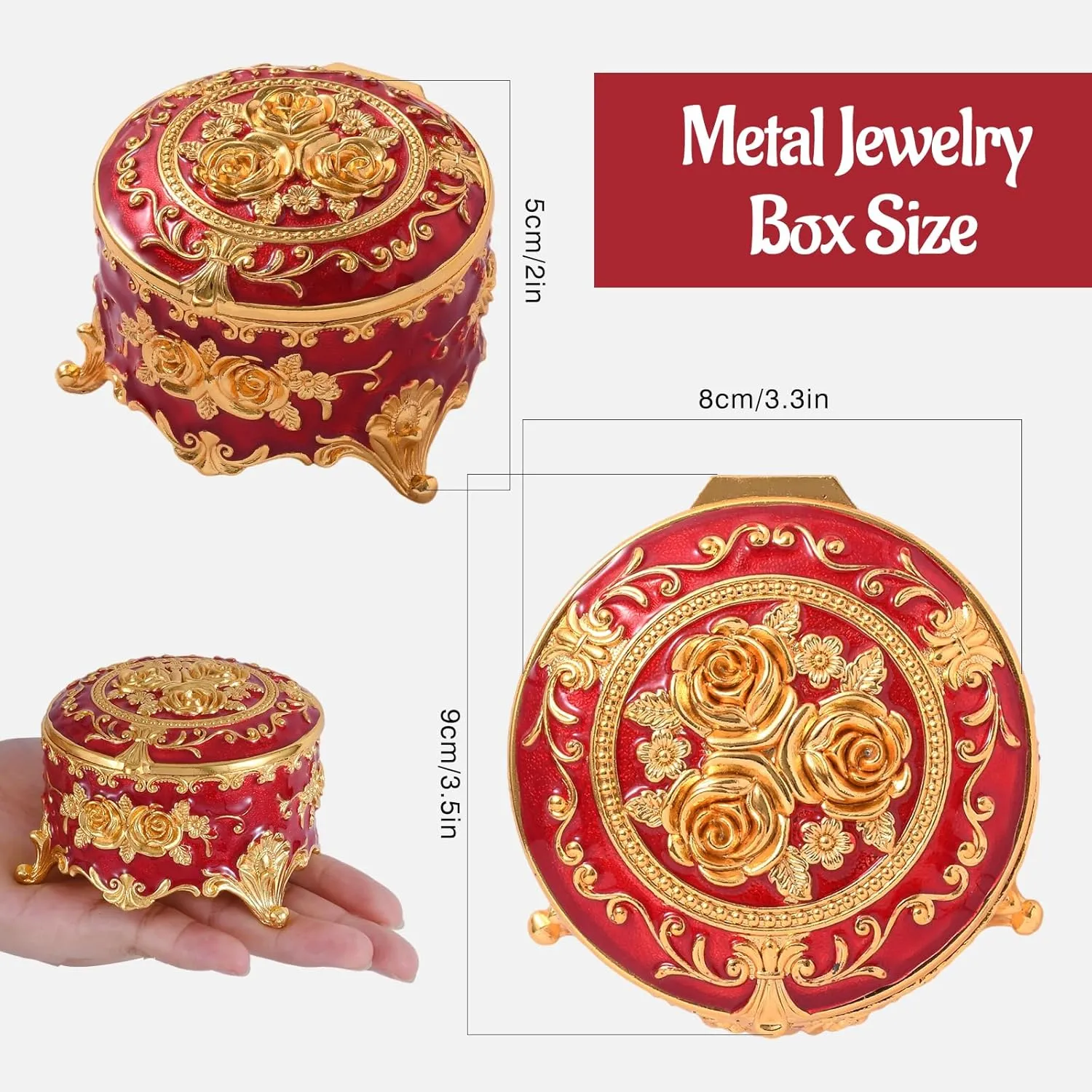 Vintage Jewelry Box, Gold Round Treasure Ring Box, Metal Trinket Organizer Keepsake Box Gift for Girl Women, Red