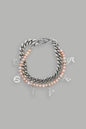 Wolves Curb Link And Pearl Bracelet in Silver/Pink